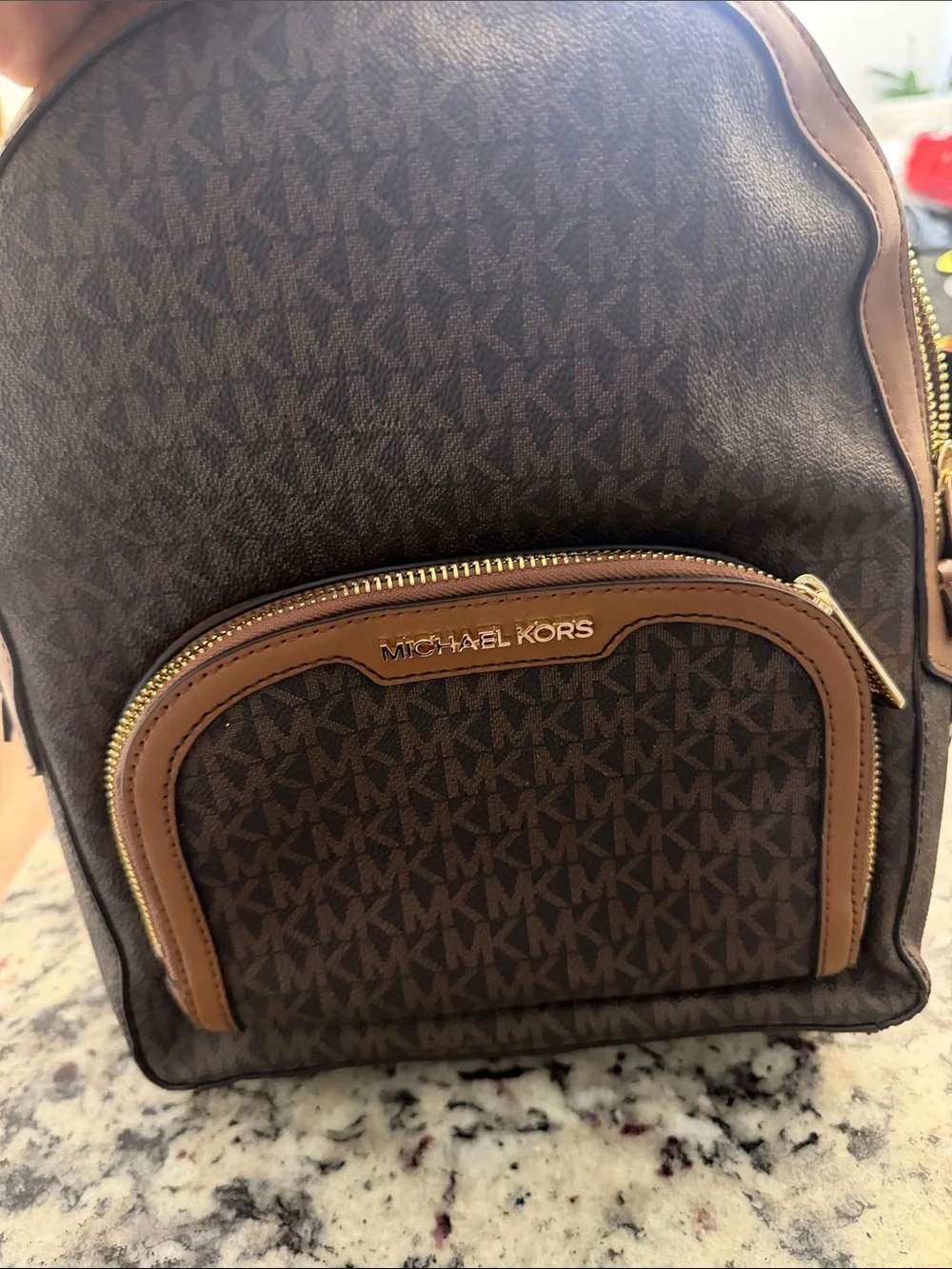 Michael Kors Dark Brown Monogram Backpack with Tan Trim